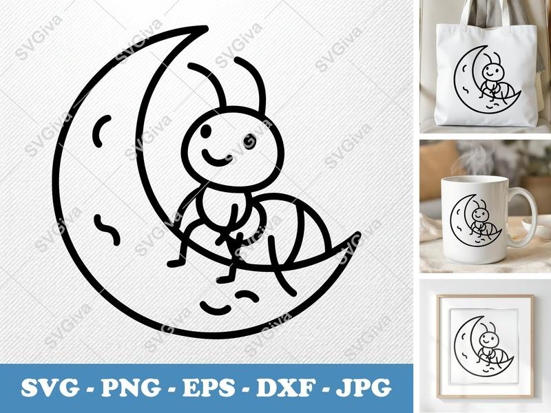 Ant on Moon SVG | Cute Insect PNG EPS DXF Cut File for Cricut & Silhouette | Kawaii Smiling Bug Clipart