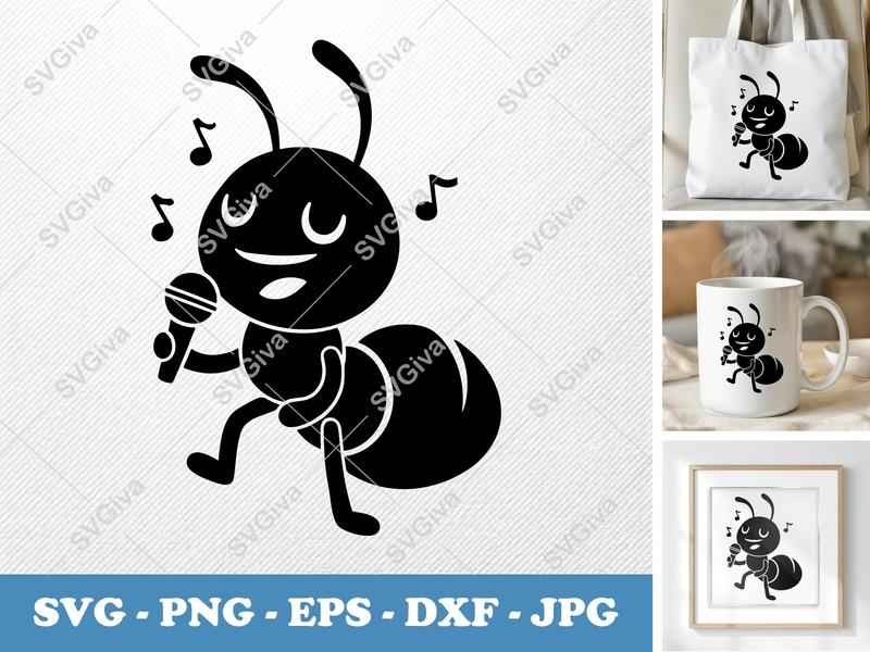 Ant Singing SVG | Music Note PNG EPS DXF | Cute Cartoon Ant for Cricut Silhouette | Animal Clipart | Bug Vector