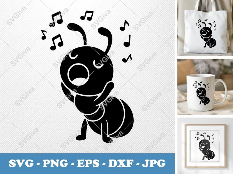 Ant Singing SVG | Music Notes Cut File | PNG EPS DXF | Cricut Silhouette Design | Cute Insect Clipart Digital Art