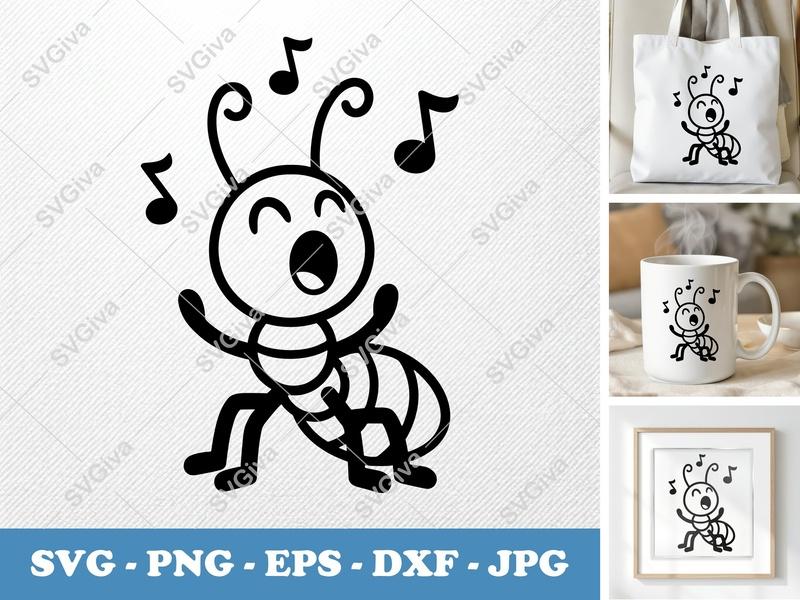 Ant Singing SVG | Music Notes Cut File, PNG, EPS, DXF for Cricut & Silhouette | Cute Insect Clipart, Cartoon Animal