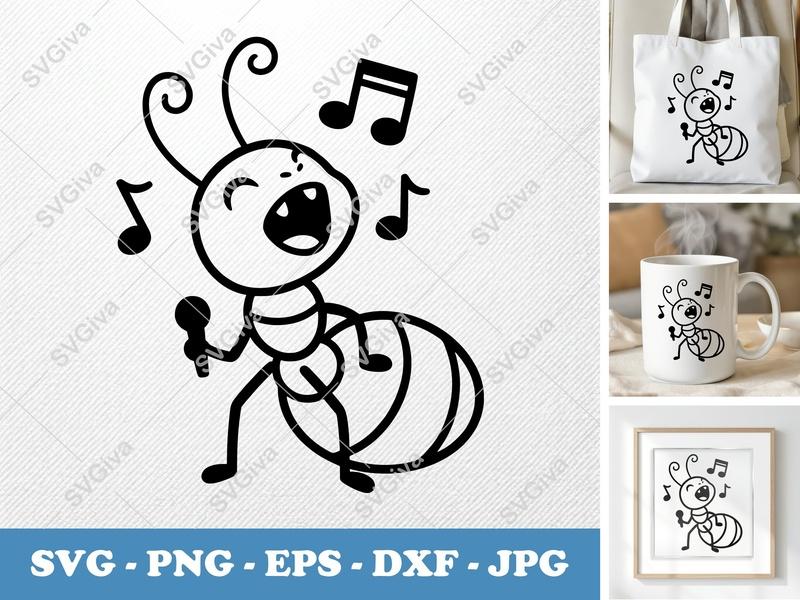 Ant Singing SVG | Music Notes, Microphone Cut File | PNG EPS DXF for Cricut, Silhouette | Cartoon Insect Clipart