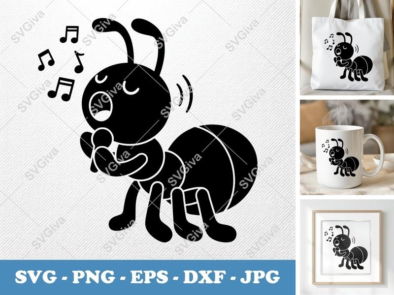 Ant Singing SVG | Puffy Cartoon Ant Cut File | Soft Pillow Forms | PNG DXF EPS for Cricut Silhouette