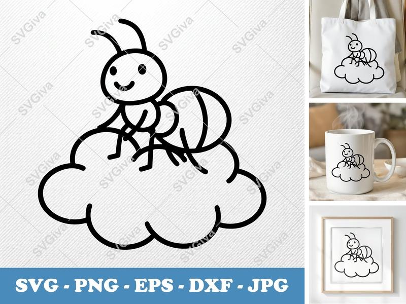 Ant sitting on a cloud SVG | Friendly Bean-Shaped Cut File | PNG DXF EPS | Cricut Silhouette Ready