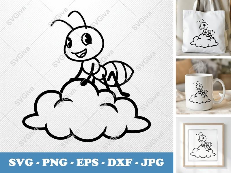 Ant Sitting on Cloud SVG | Minimalist Cartoon Ant | Bold Outline Cut File for Cricut, Silhouette | PNG DXF EPS
