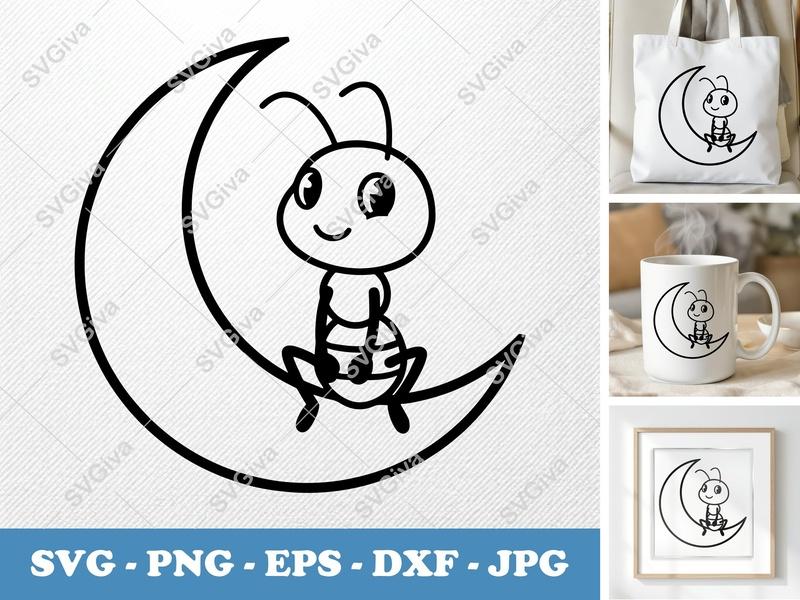 Ant Sitting on Moon SVG | Minimalist Cartoon Vector | Bold Black Contour | PNG DXF EPS | Cricut Silhouette File