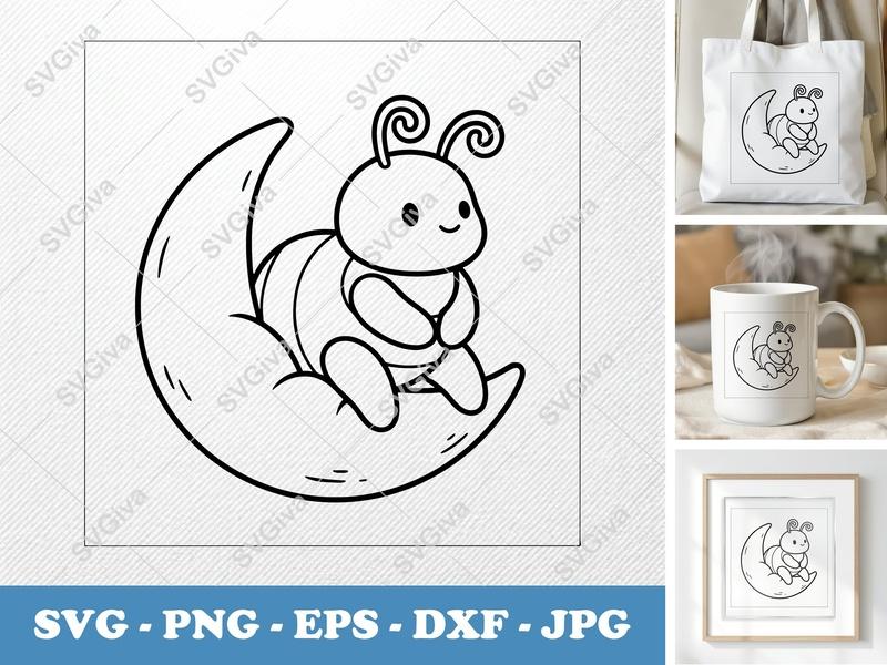 Ant Sitting on Moon SVG | Puffy Cartoon Cut File for Cricut | Inflated Pillow-Soft Design PNG DXF EPS