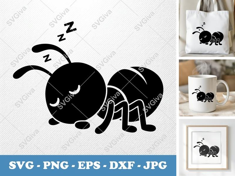 Ant Sleeping SVG | Cute Ant PNG EPS DXF | Cartoon Insect Cut File for Cricut, Silhouette | Modern Bug Design