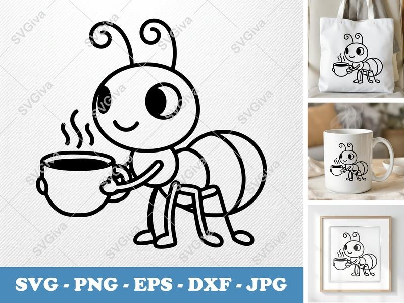 Ant SVG, Coffee Lover Ant Cut File, Modern Cartoon Insect Design, PNG EPS DXF for Cricut & Silhouette