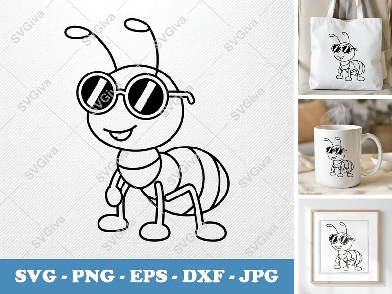 Ant SVG | Cool Ant with Sunglasses | EPS, DXF, PNG | Cricut & Silhouette Cut File | Cartoon Insect Clipart