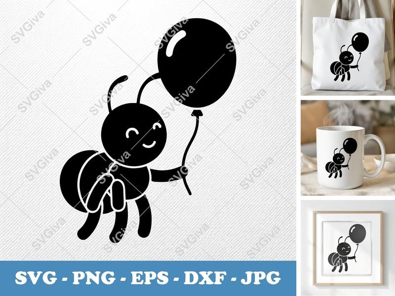 Ant SVG | Cute Ant with Balloon | Cartoon Insect Cut File for Cricut, Silhouette | PNG EPS DXF Vector Clipart