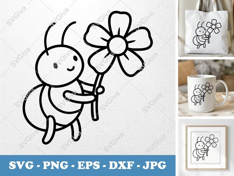 Ant SVG, Cute Ant with Flower Cut File, Cartoon Insect Clipart, PNG EPS DXF for Cricut | Silhouette Digital Download