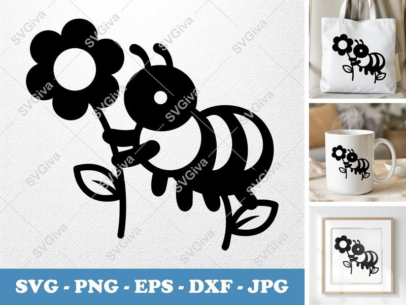 Ant SVG, Cute Bug Holding Flower, Modern Insect Clipart | PNG, EPS, DXF Cut File for Cricut, Silhouette