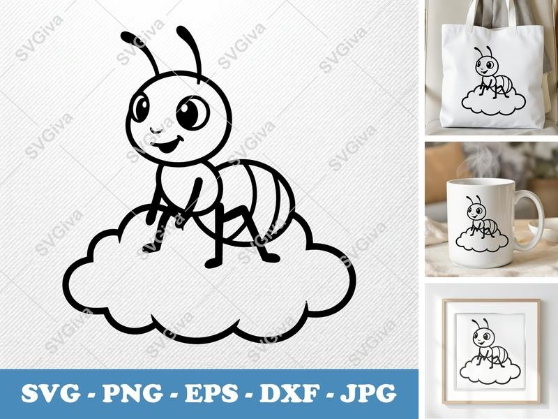 Ant SVG | Cute Cartoon Ant on Cloud Cut File | Modern Insect Outline PNG EPS DXF for Cricut & Silhouette