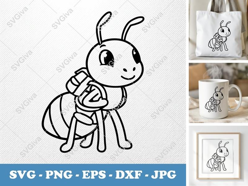 Ant SVG | Cute Cartoon Ant with Backpack | Outline Ant Clipart | PNG EPS DXF for Cricut & Silhouette | Bug Vector File