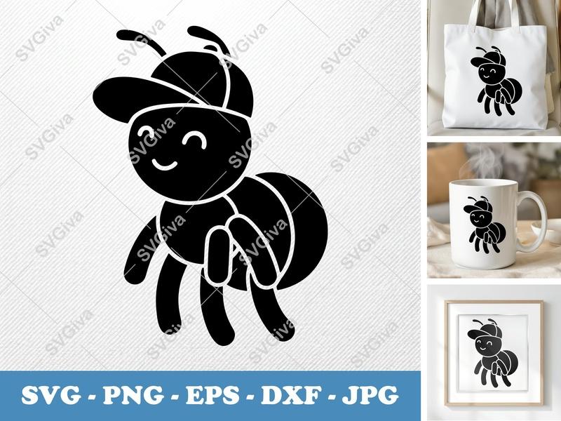 Ant SVG, Cute Cartoon Ant with Hat, Smiling Insect Design | PNG EPS DXF for Cricut & Silhouette, Bug Clipart Vector