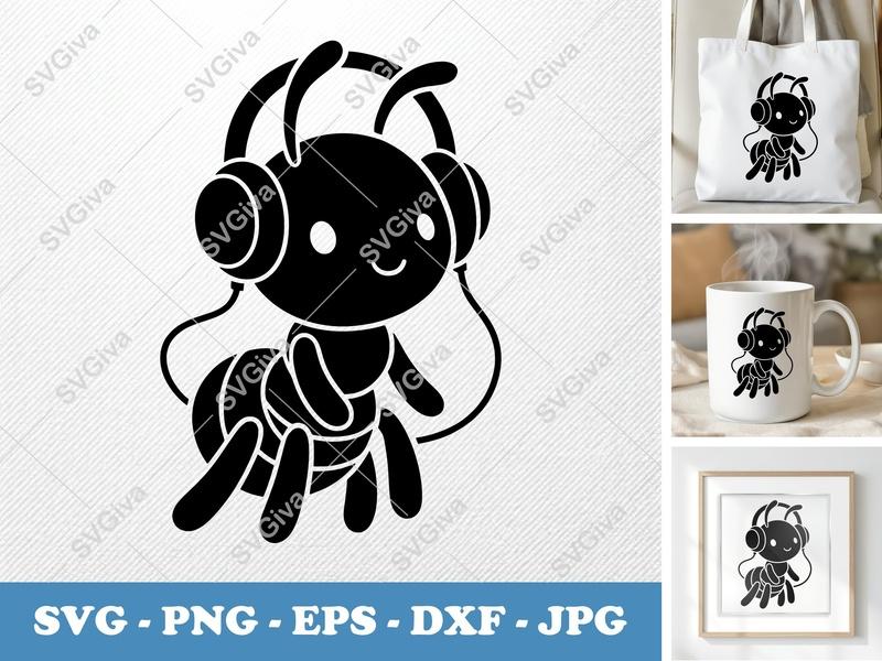 Ant SVG, Cute Cartoon Ant with Headphones, Music Insect Clipart, PNG EPS DXF for Cricut & Silhouette Cut File