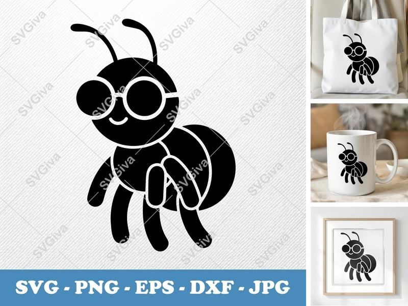Ant SVG | Cute Cartoon Bug with Glasses PNG EPS DXF | Cricut Silhouette Cut File | Funny Insect Clipart Vector