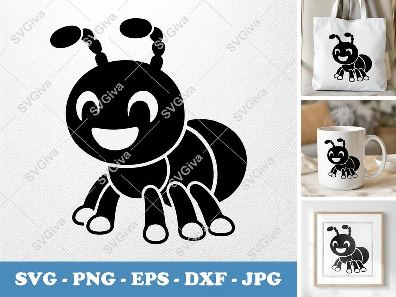 Ant SVG | Cute Insect Clipart, Smile Bug Cut File for Cricut, Silhouette | PNG EPS DXF Vector Art | Modern Animal Design