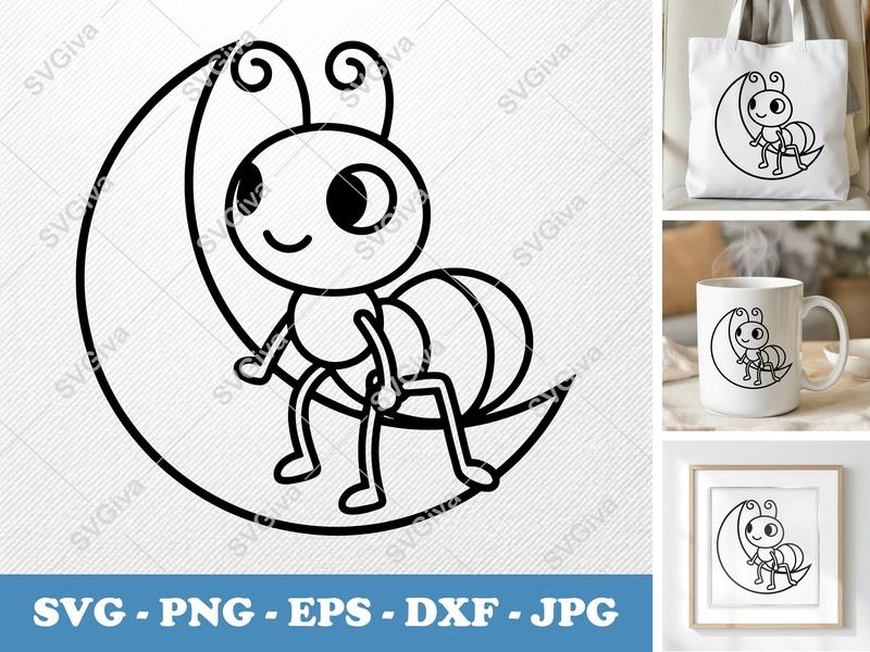 Ant SVG | Cute Insect on Moon, Cartoon Bug PNG EPS DXF | Cricut Silhouette Cut File, Kids Craft Digital Design