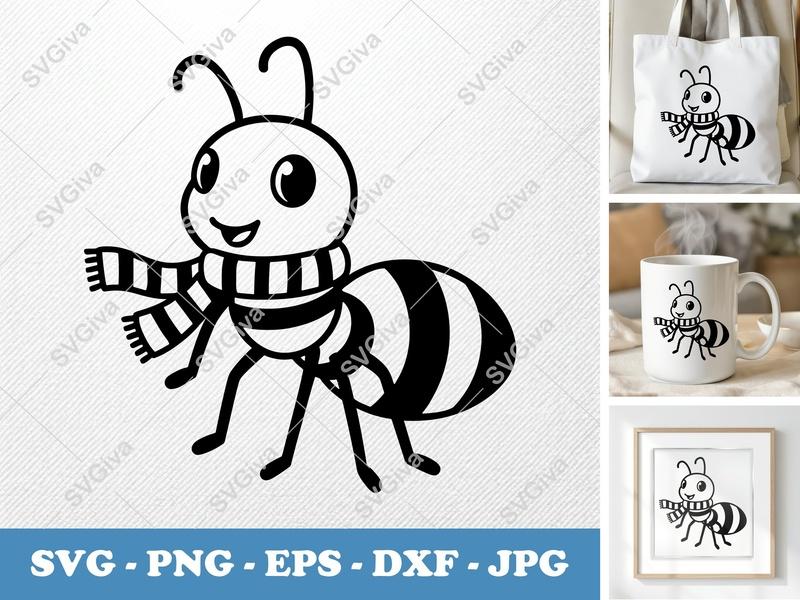 Ant SVG | Cute Striped Scarf Insect Cut File | PNG, EPS, DXF for Cricut & Silhouette | Cartoon Animal Clipart