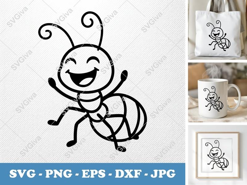 Ant SVG | Happy Cartoon Character | Bug Clipart | PNG EPS DXF | Cricut Silhouette Cut File | Kids Craft Insect Vector
