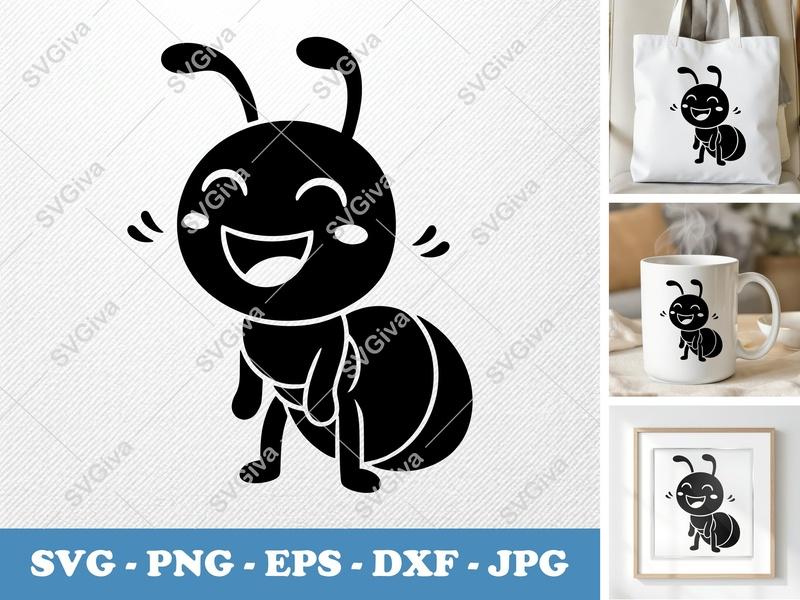 Ant SVG, Happy Smiling Cartoon Ant Cut File, Modern Insect Clipart, PNG EPS DXF for Cricut & Silhouette