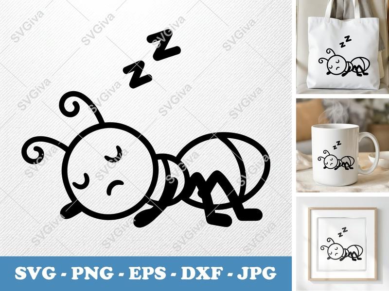 Ant SVG | Sleeping Ant Cut File | Cute Cartoon Insect PNG EPS DXF for Cricut & Silhouette | Funny Bug Clipart