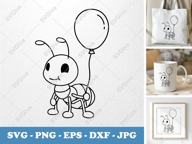 Ant SVG with Balloon | Cute Cartoon Insect Outline | PNG EPS DXF for Cricut Silhouette Animals