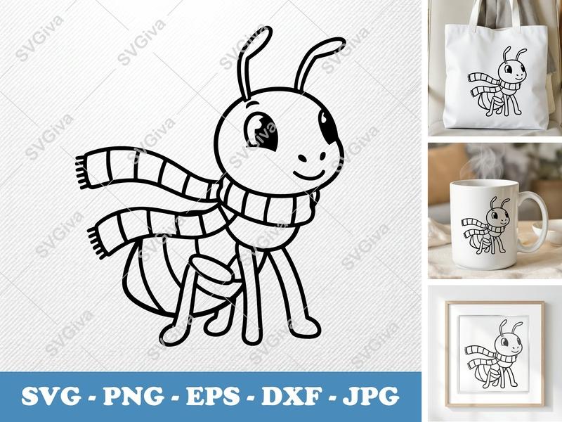 Ant Wearing Scarf SVG | Friendly Bean-Shaped Ant | PNG, DXF, EPS | Cricut & Silhouette Cut File