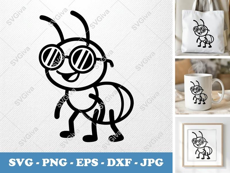 Ant Wearing Sunglasses SVG | Friendly Rounded Cartoon Ant | Bean-Shaped Design PNG DXF EPS | Cricut Silhouette Cut File