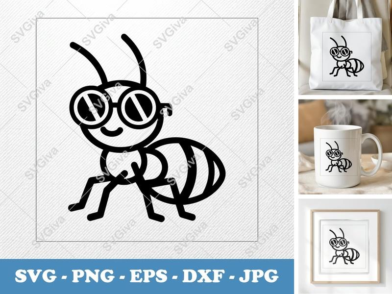 Ant Wearing Sunglasses SVG | Minimalist Vector Cut File | Cricut Silhouette | PNG DXF EPS