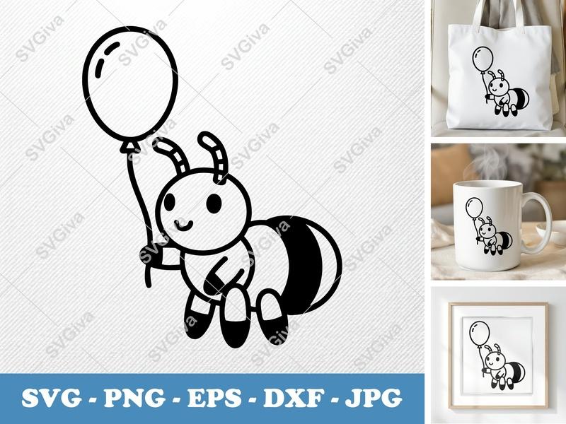 Ant with balloon SVG | Cute Insect Cut File PNG DXF EPS Cricut Silhouette | Puffy Animal Vector