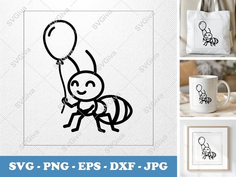 Ant with Balloon SVG | Minimalist Vector Cut File | PNG DXF EPS | Cricut Silhouette Design