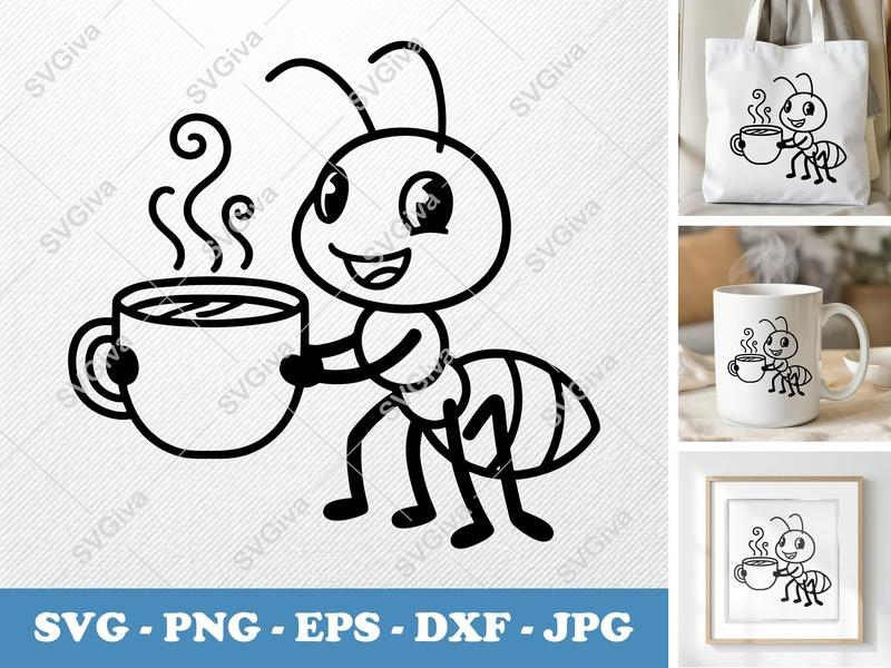 Ant with Coffee Cup SVG | Bold Contour | Cartoon Cut File | PNG DXF EPS | Cricut Silhouette | Coffee Lover Gift