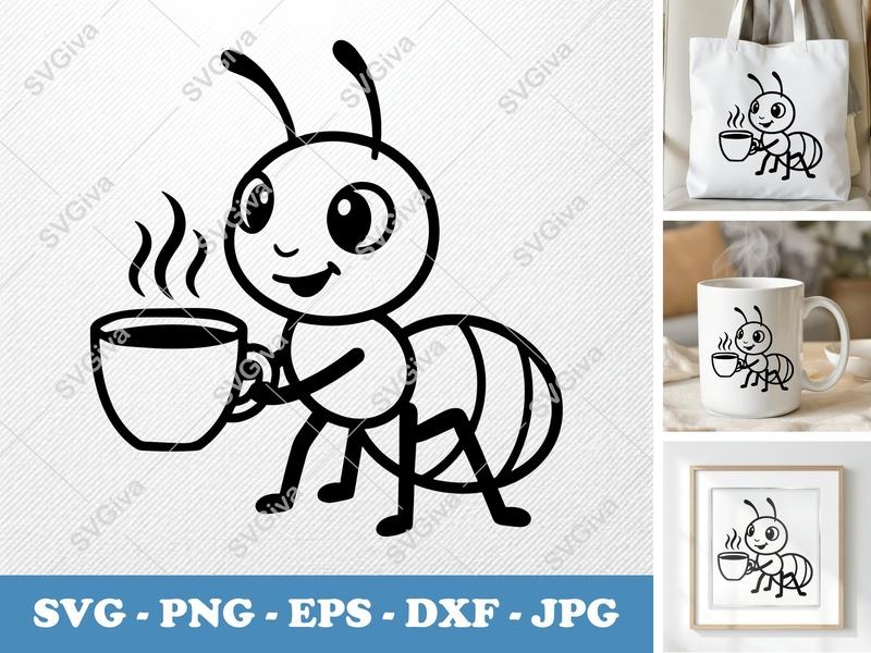 Ant with Coffee SVG | Cute Bug PNG, EPS, DXF | Modern Cartoon Insect Cut File for Cricut & Silhouette