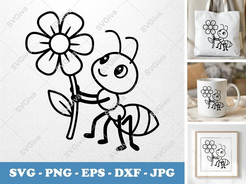 Ant with Flower SVG | Bold Contour, Clean Fill | Simple Character | PNG DXF EPS | Cricut Silhouette File