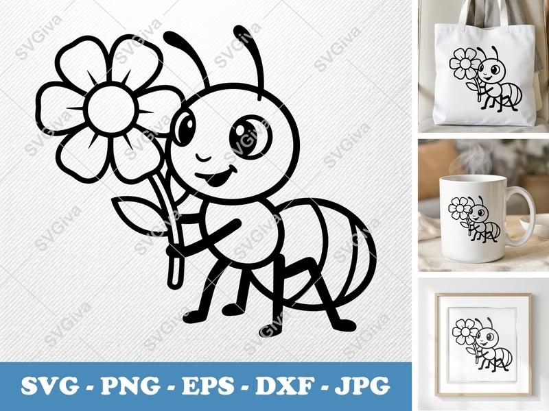 Ant with Flower SVG | Cute Cartoon Insect PNG EPS DXF | Cricut Silhouette File | Kids Craft Digital Download