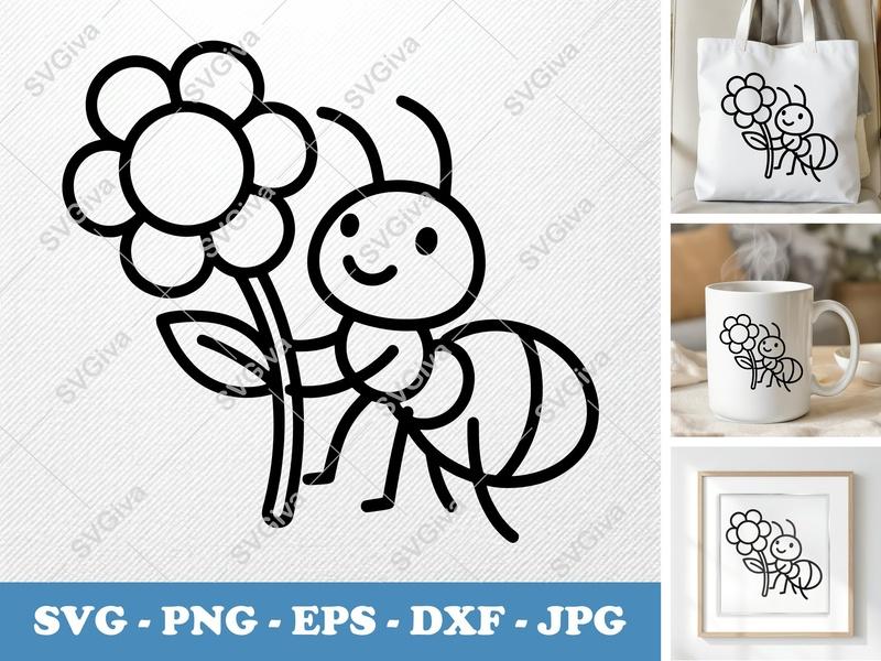Ant with Flower SVG | Friendly Rounded Bean-Shaped Forms | PNG DXF EPS | Cricut Silhouette Cut File