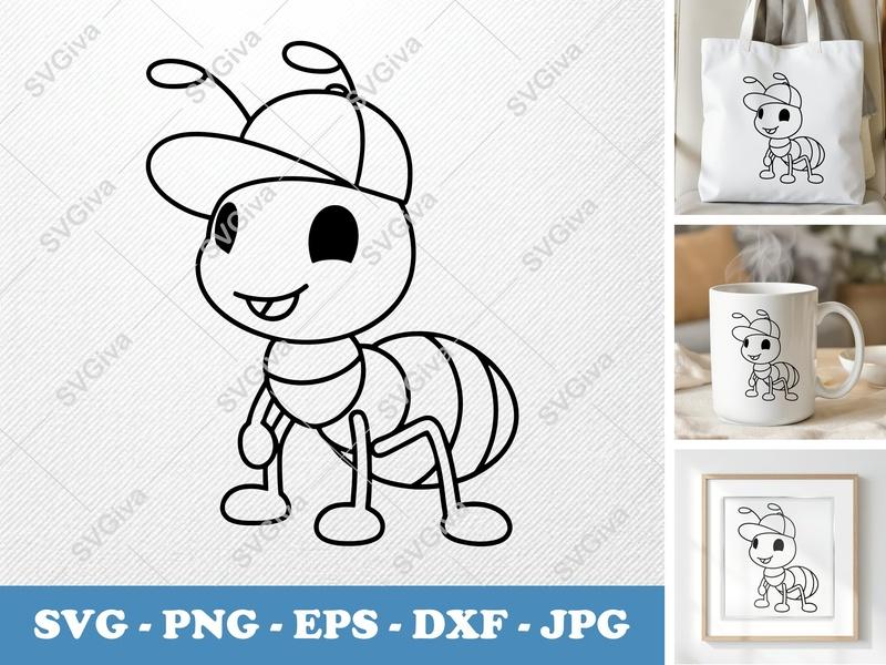 Ant with Hat SVG | Cartoon Ant PNG EPS DXF | Cute Insect Cut File for Cricut, Silhouette | Kids Craft Vector Art
