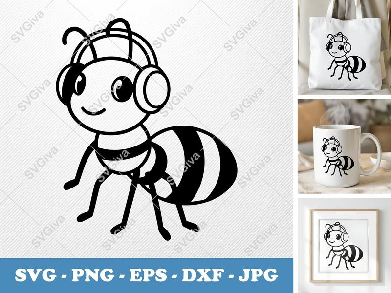 Ant with Headphones SVG | Cute Insect PNG EPS DXF | Cricut Silhouette Cut File | Cartoon Animal Clipart