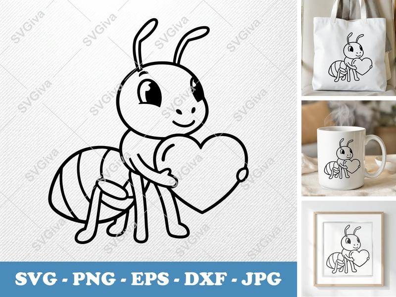 Ant with Heart SVG, Cute Ant Clipart, Love Ant PNG EPS DXF | Cricut & Silhouette Cut File | Modern Insect Design