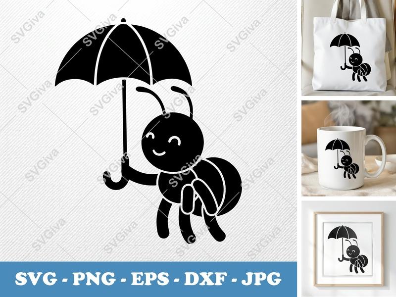 Ant with Umbrella SVG | Cute Insect PNG EPS DXF | Smiling Bug Cut File for Cricut, Silhouette | Modern Kids Craft