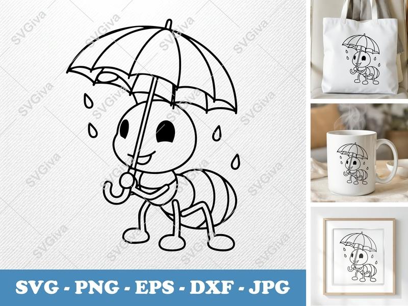 Ant with Umbrella SVG | Rainy Day Bug EPS PNG DXF | Cute Insect Clipart for Cricut Silhouette