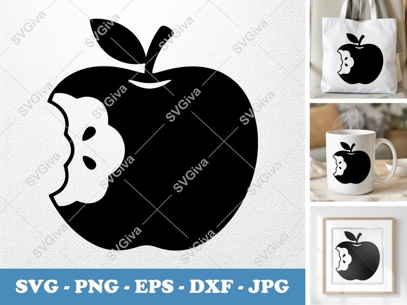 Apple SVG, Bitten Apple Cut File, Modern Fruit Design, PNG EPS DXF for Cricut & Silhouette, Digital Download