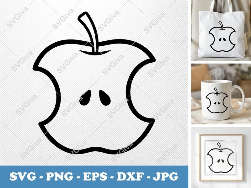 Apple SVG Bitten Modern Outline, Core, Seeds | PNG EPS DXF | Cricut Silhouette File