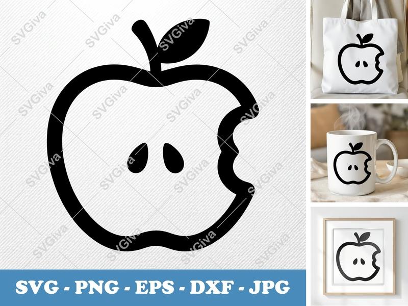 Apple SVG Bitten | Modern Outline Fruit Design | PNG EPS DXF for Cricut, Silhouette | Minimalist Seed