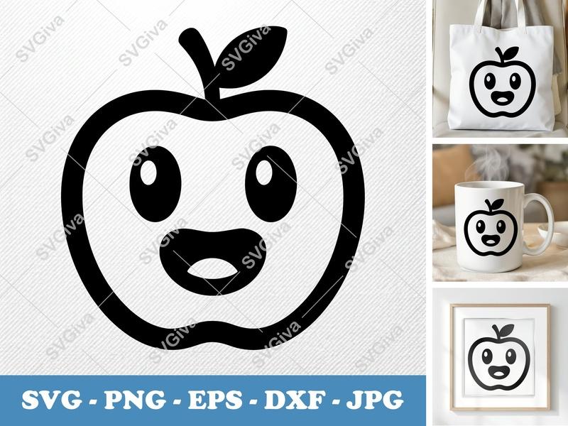 Apple SVG, Cute Kawaii Apple Face Cut File, Happy Fruit Design, PNG EPS DXF for Cricut, Silhouette, Vector Clipart
