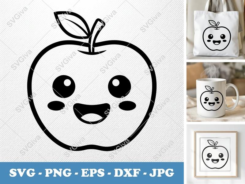 Apple SVG | Kawaii Happy Face Outline | Cute Fruit PNG EPS DXF for Cricut, Silhouette, Digital Download