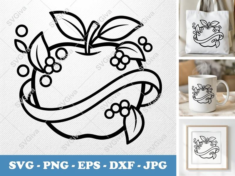 Apple SVG, Modern Clean Fruit with Berries & Ribbon Design | PNG EPS DXF for Cricut & Silhouette