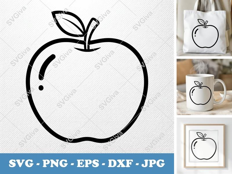Apple SVG, Modern Fruit Outline, Simple Apple PNG EPS DXF | Cricut Silhouette Cut File, Food Clipart, Teacher Gift